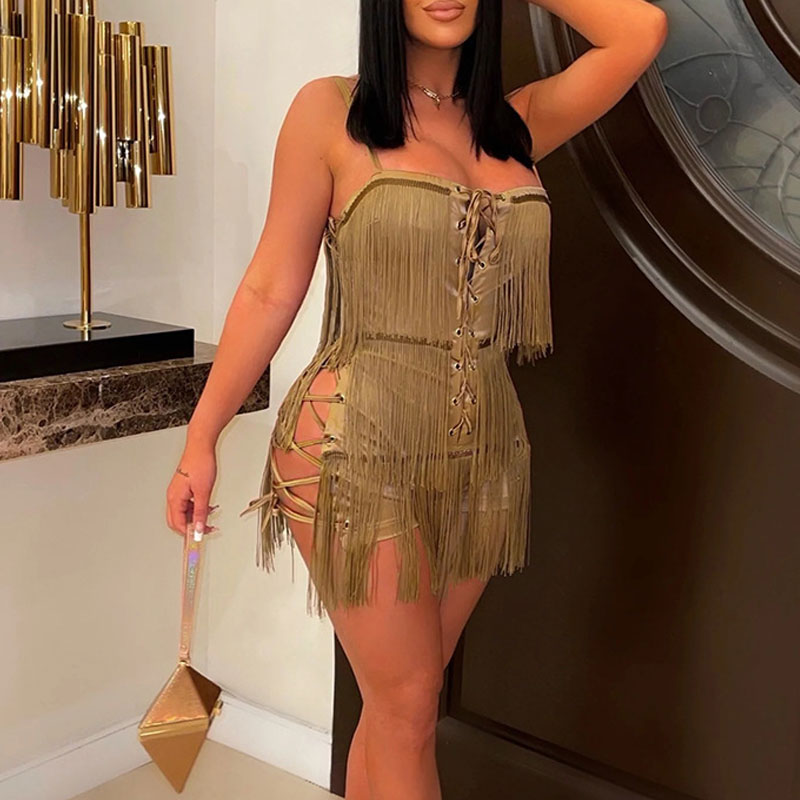 Solid Sleeveless Hollow Out Bandage Tassel Design Romper