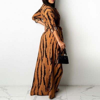 Print V-Neck Long Sleeve Bleted Maxi Shirt Dress