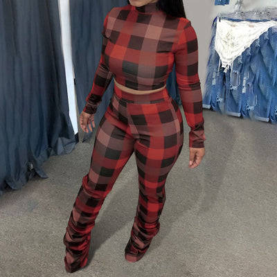 Plaid Pattern Long Sleeve Crop Top & Stacked Pants Set