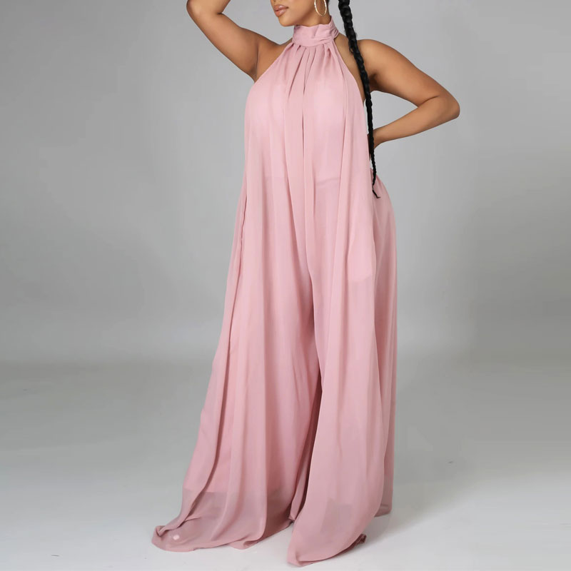 Solid Halter Backless Chiffon Loose Jumpsuit