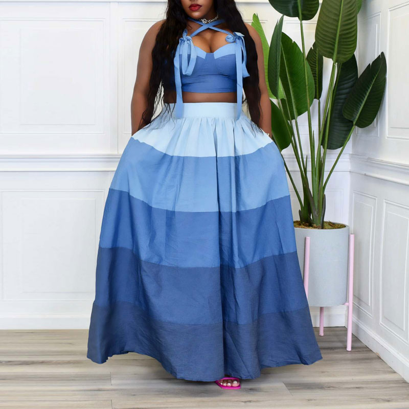 Gradient Color Halter Tube Top & Big Swing Skirt Set