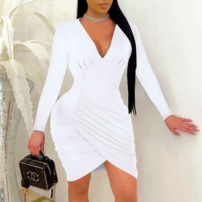 Solid Deep V-Neck Long Sleeve Ruched Bodycon Dress