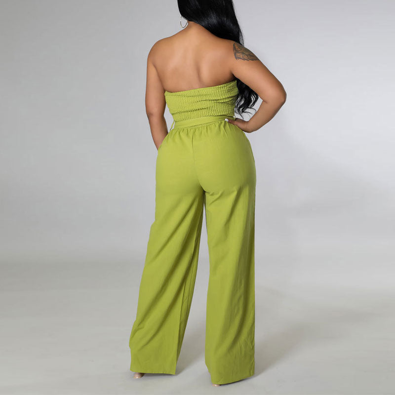 Solid Off Shoulder Belted Wide Leg Jumpsuit