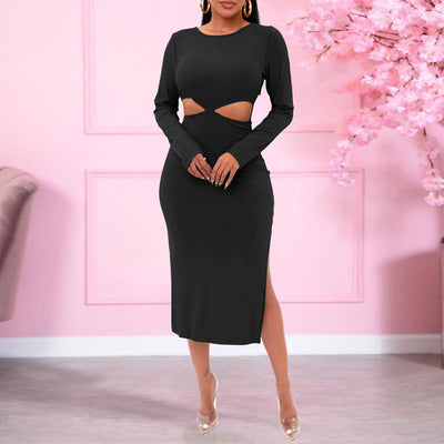 Solid Long Sleeve Cut Out Bandage High Slit Dress