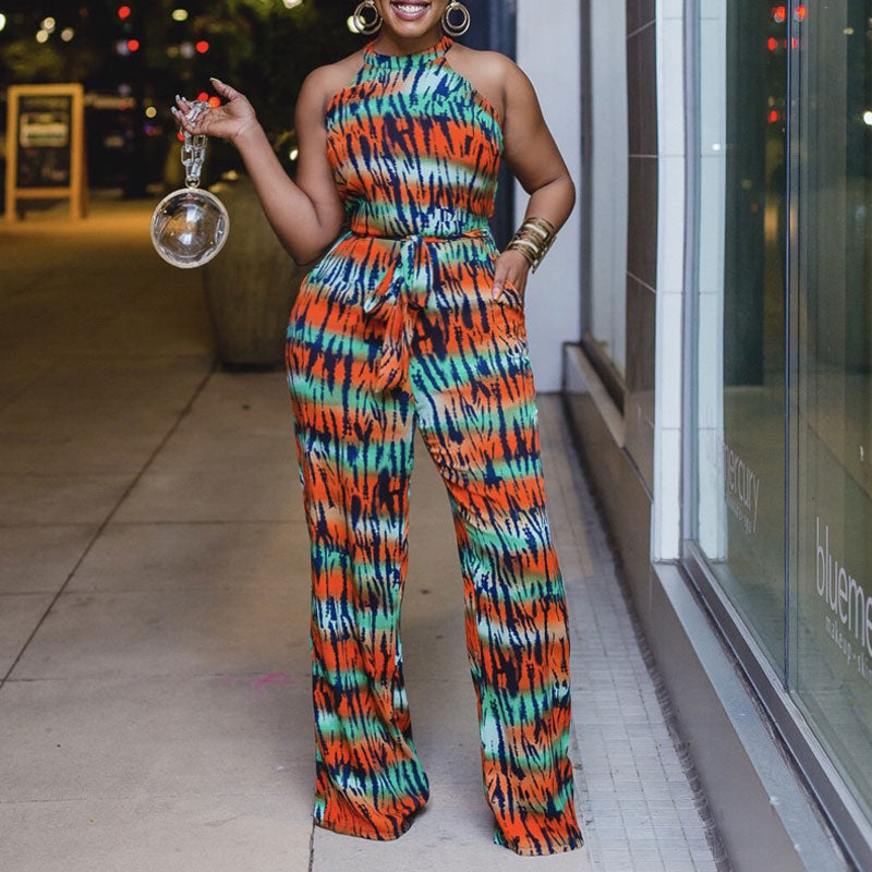 Print Sleeveless Wide Leg Jumpsuit With Belt