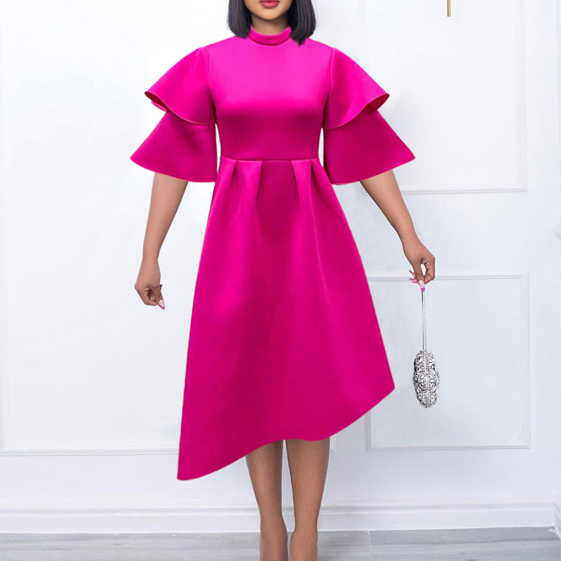 Solid Ruffles Layered Sleeve Asymmetrical Midi Dress