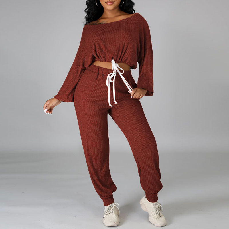 Solid One Shoulder Drawstring Crop Top & Pants Set