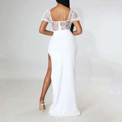 Solid Off Shoulder Lace High Slit Maxi Dress