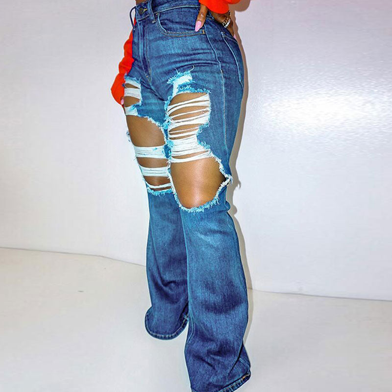 Solid High Waist Ripped Denim Pants