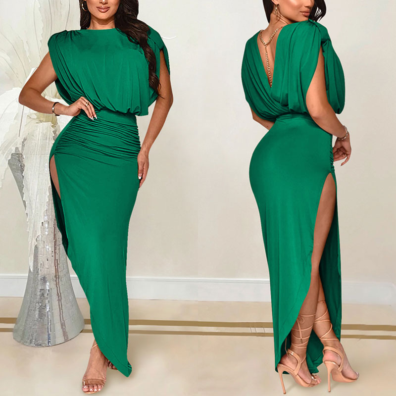 Solid Sleeveless High Slit Ruched Asymmetrical Dress