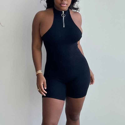 Solid Sleeveless Zipper Design Romper