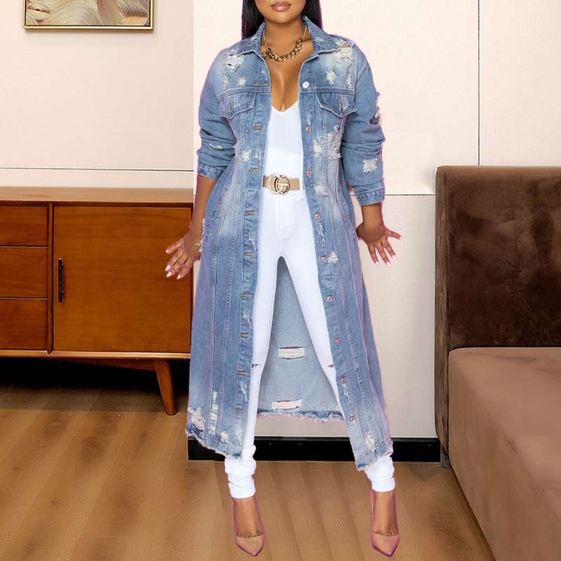 Solid long Sleeve Cut Out Denim Long Coat