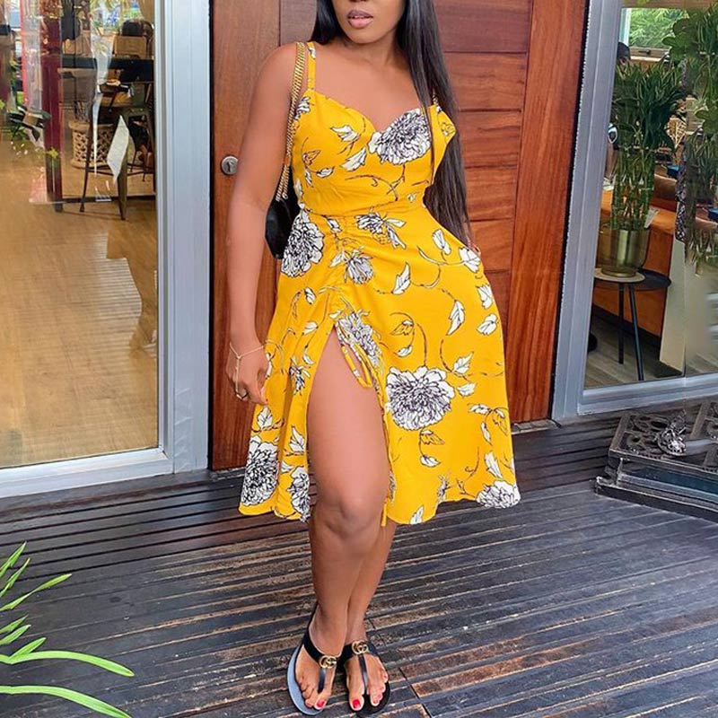 Floral Print Sleeveless Drawstring High Slit Dress