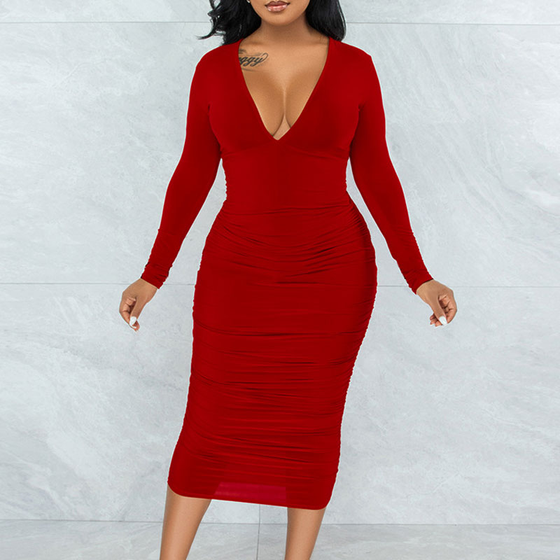 Solid Deep V-Neck Long Sleeve Midi Dress