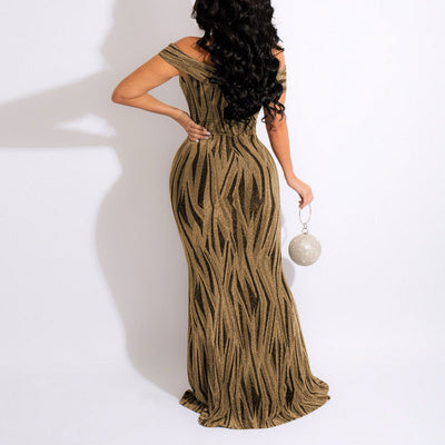 Glitter V-Neck Off Shoulder Maxi Dress