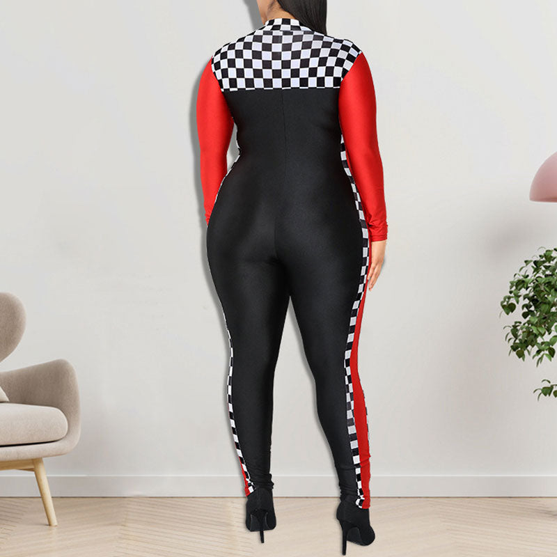 Colorblock Checkerboard Pattern Long Sleeve Jumpsuit