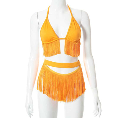 Solid Tassel Design Two Piece Swimsuit Set