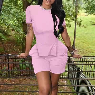 Solid Short Sleeve Slit Top & Shorts Set