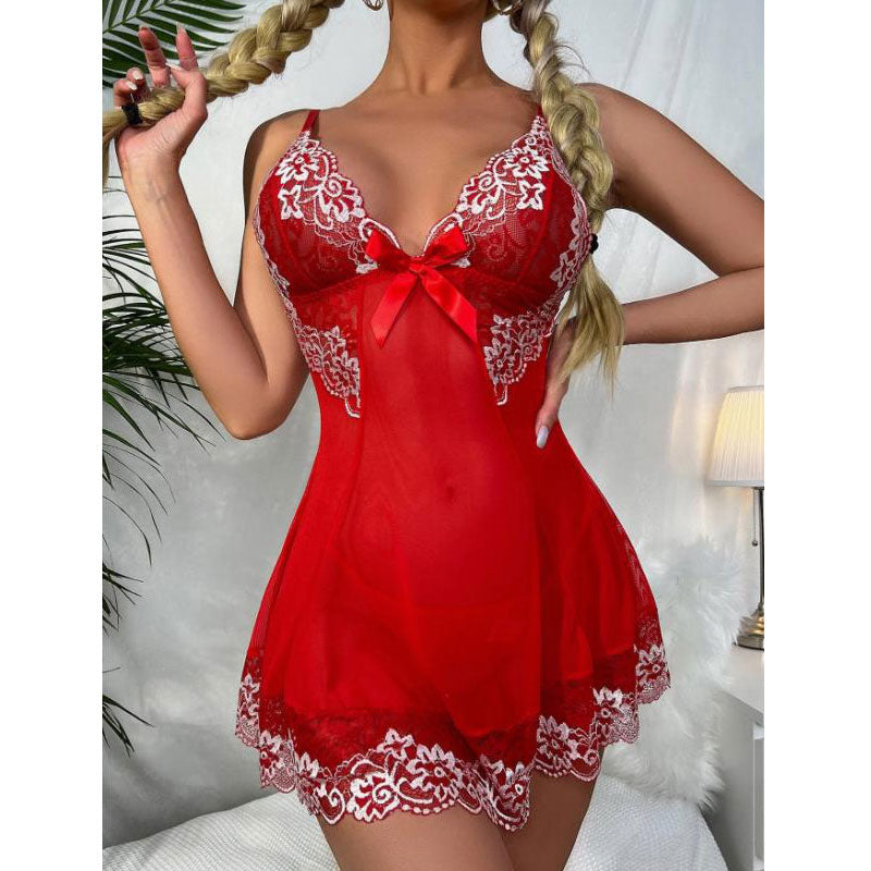 Floral Pattern Bowknot Decoration Sheer Mesh Babydoll