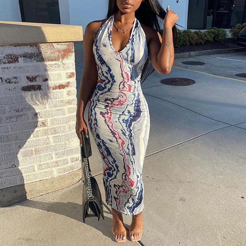 Print Halter Sleeveless Maxi Dress