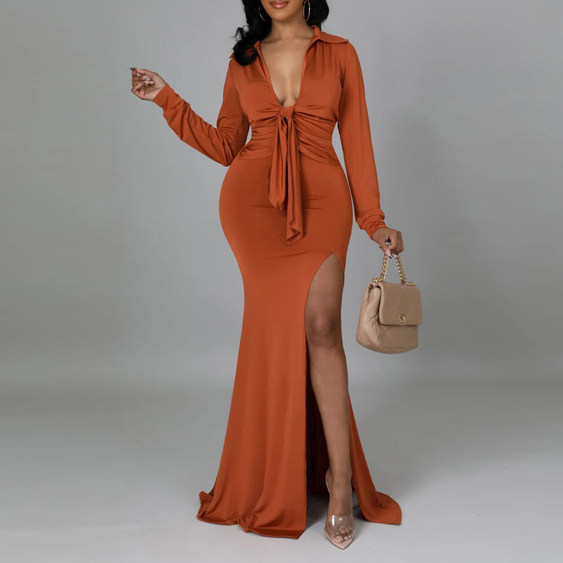 Solid Long Sleeve Blouse & High Slit Skirt Set