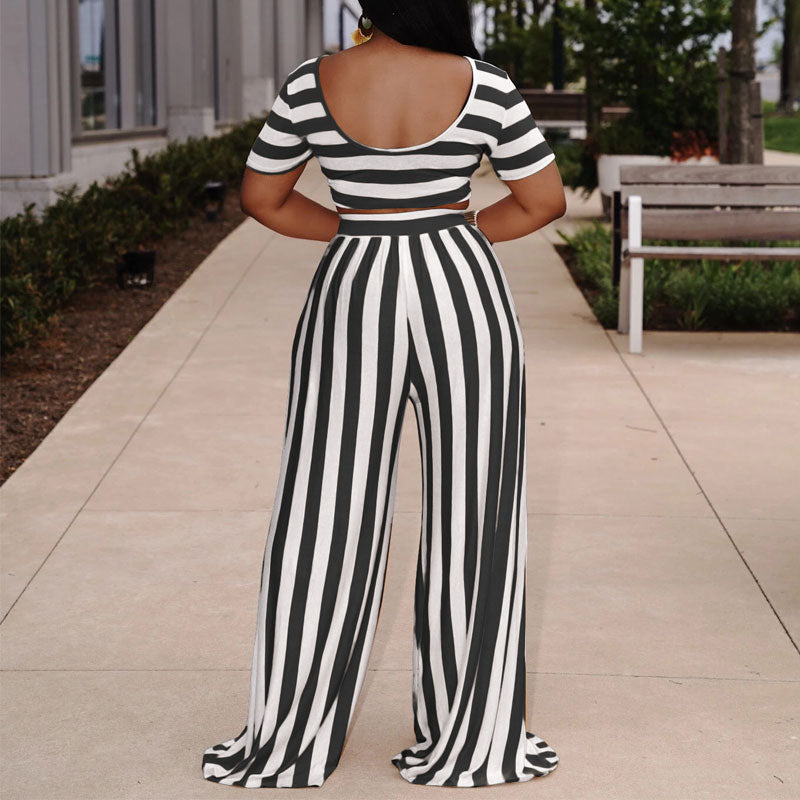 Striped Pattern Off Shoulder Crop Top & Wide Leg Pants Set