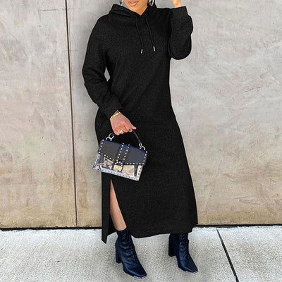 Solid Long Sleeve Slit Hoodie Sweater Dress