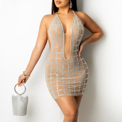 Rhinestone Sleeveless Halter Sheer Mesh Bodycon Dress