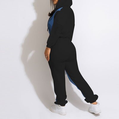 Colorblock Long Sleeve Denim Hoodie Top & Pants Set