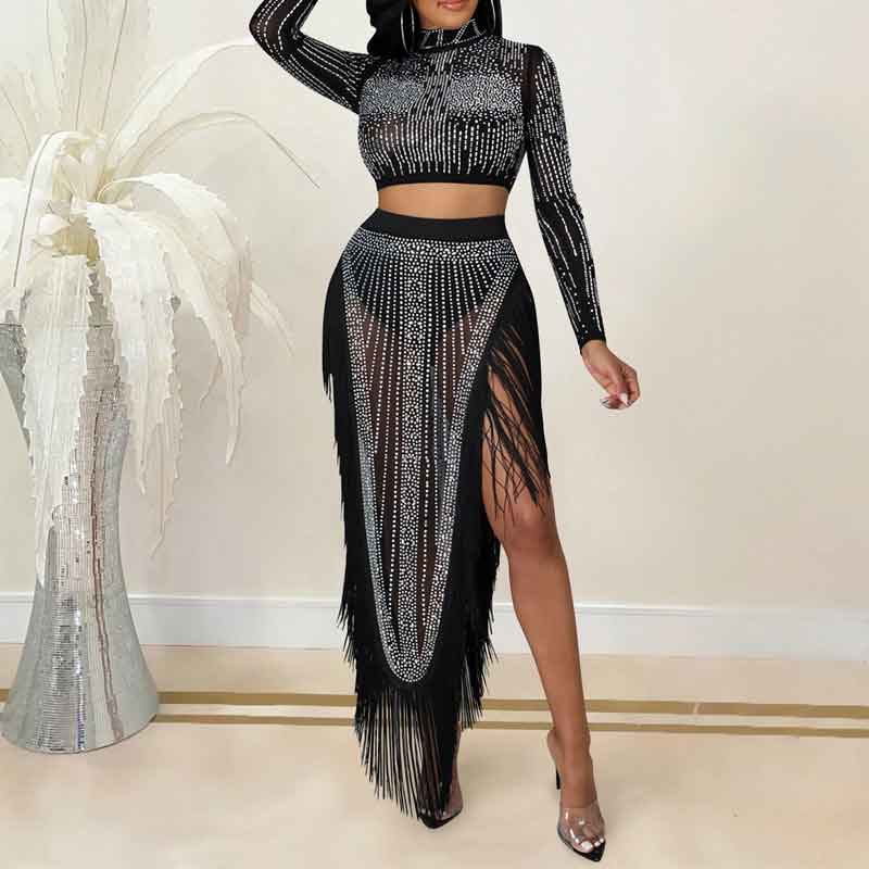 Rhinestone Long Sleeve Crop Top & Tassel Design Slit Skirt Set