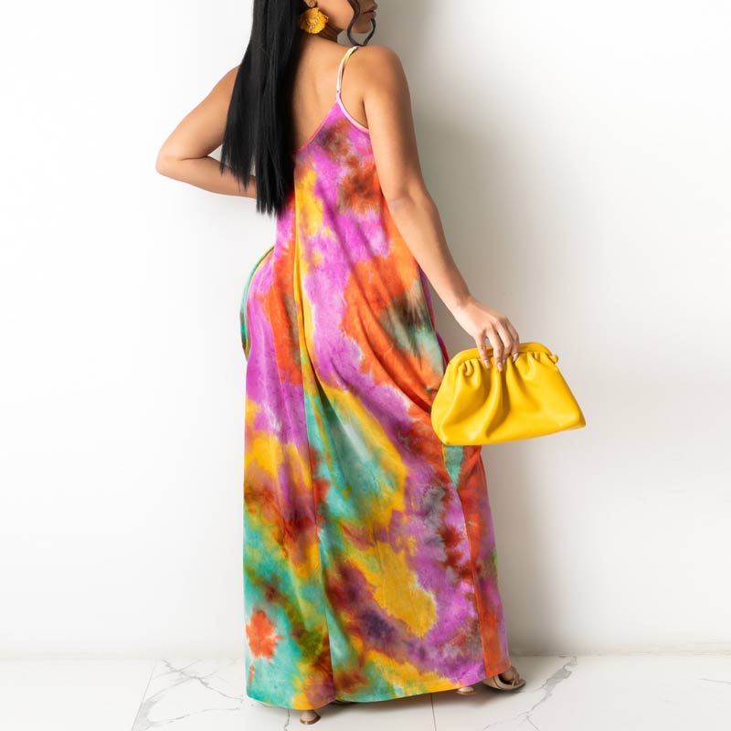 Tie Dye Print Sleeveless Loose Maxi Dress