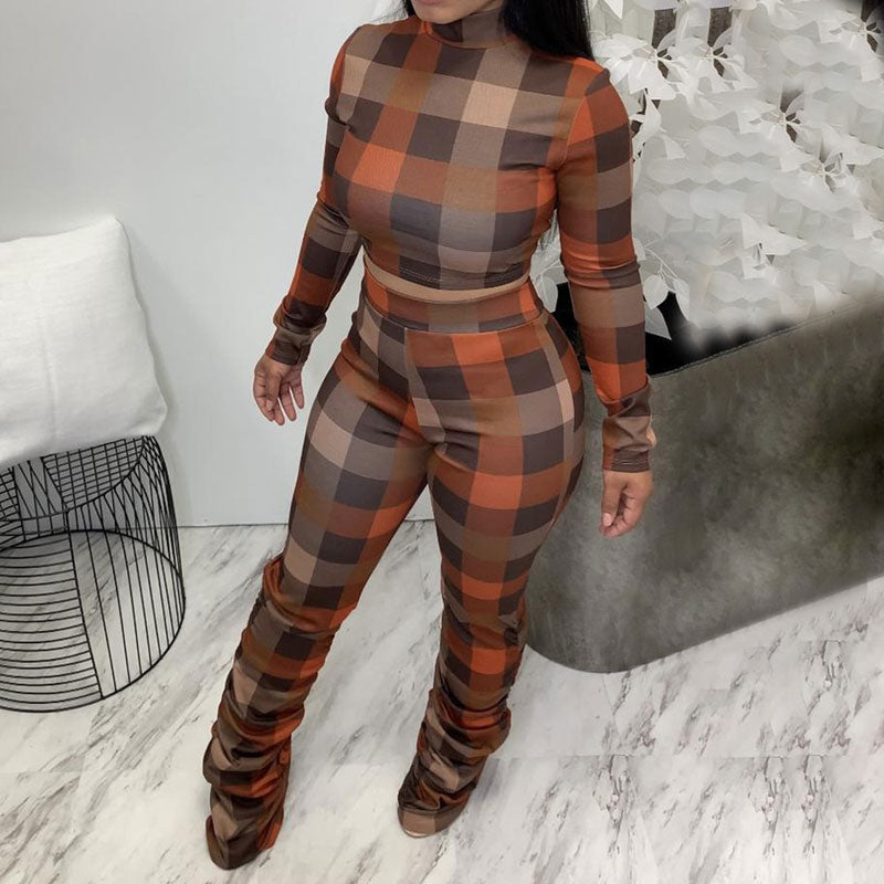 Plaid Pattern Long Sleeve Crop Top & Stacked Pants Set