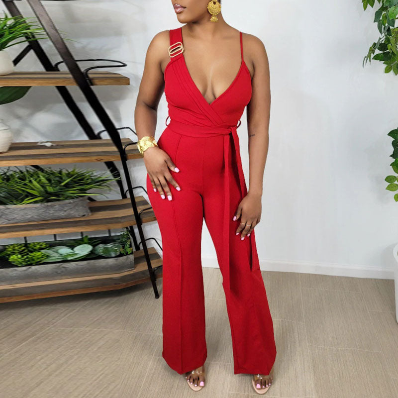 Solid Deep V-Neck Sleeveless Belted Wide Leg Jumpsuit