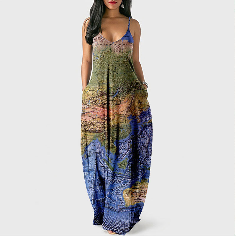 Map Print Sleeveless Loose Maxi Dress