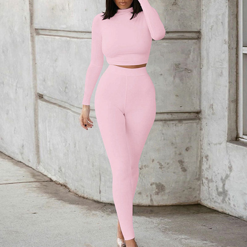 Solid Long Sleeve Crop Top & Leggings Set