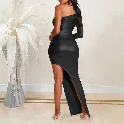 Solid One Shoulder Long Sleeve High Slit Maxi Dress