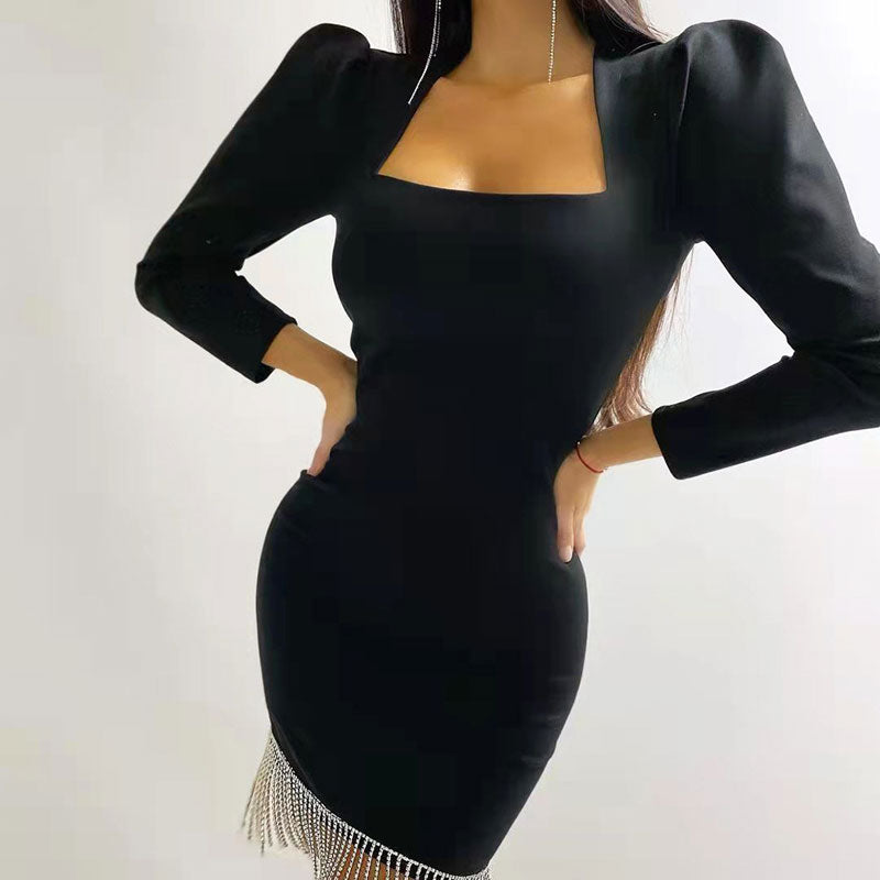 Solid Square Neck Long Sleeve Tassel Design Bodycon Dress