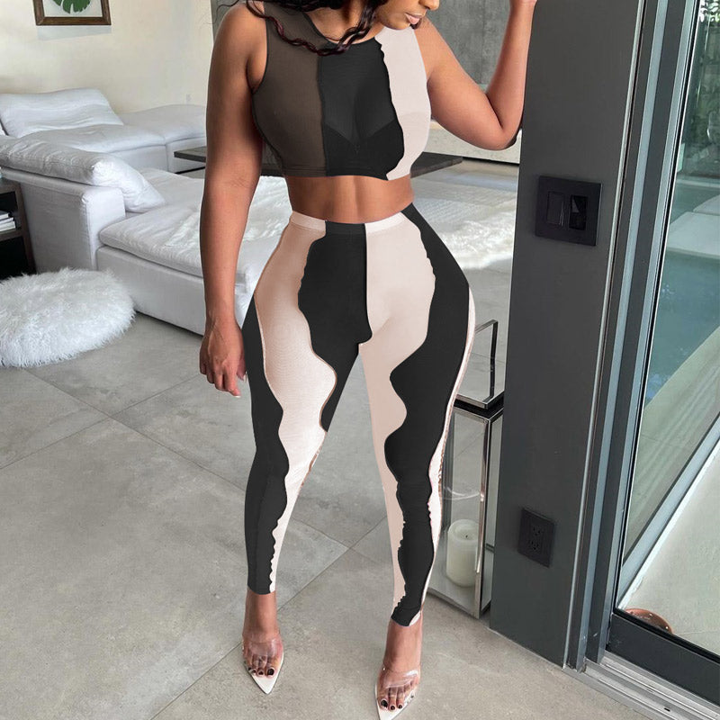 Colorblock Sleeveless Sheer Mesh Crop Top & Pants Set