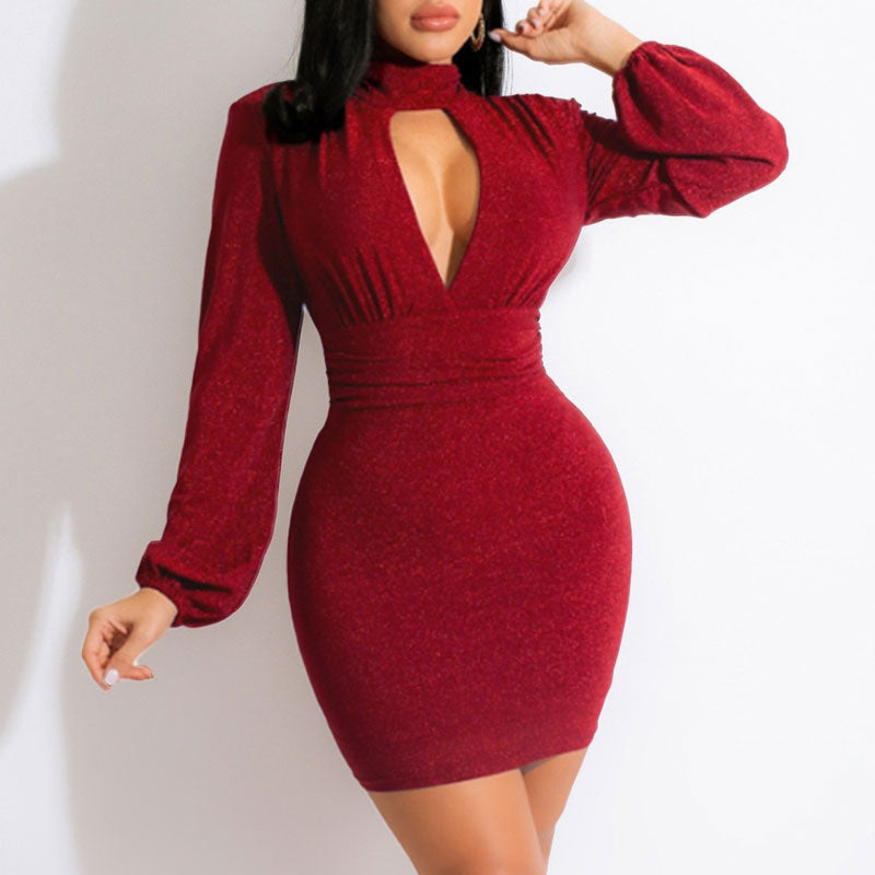 Glitter Long Sleeve Cut Out Bodycon Dress