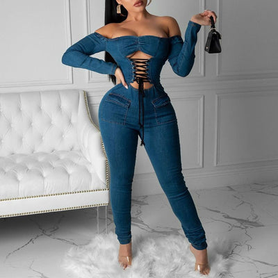 Solid Long Sleeve Off Shoulder Bandage Jumpsuit