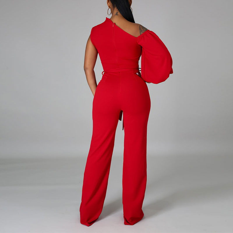 Solid One Shoulder Belted Wide Leg Jumpsuit