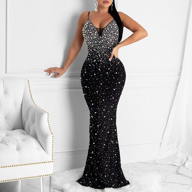 Beaded Deep V-Neck Backless Maxi Dress