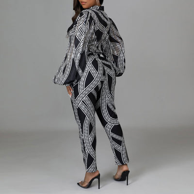 Print Lantern Sleeve Belted Jumpsuit