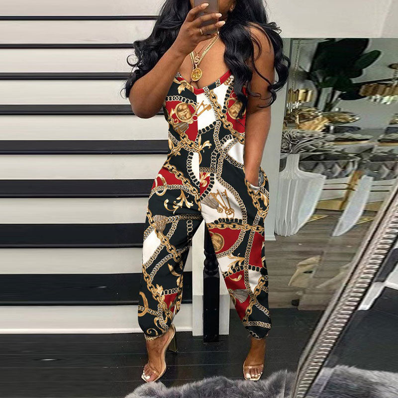 Chains Print Deep V-Neck Sleeveless Jumpsuit