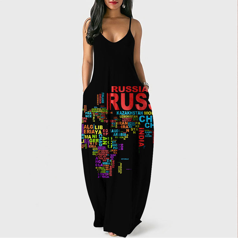 Map Print Sleeveless Loose Maxi Dress