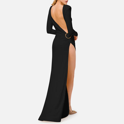 Solid Long Sleeve Backless High Slit O-Ring Floor Length Dress