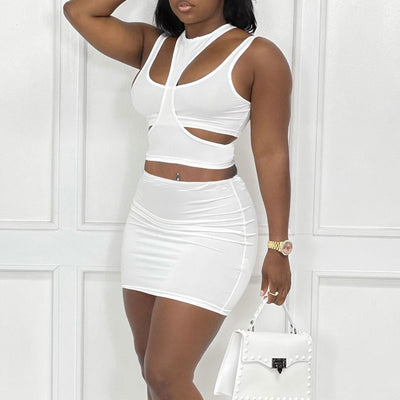 Solid Sleeveless Cut Out Three Piece Skirt Set