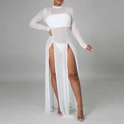 Rhinestone Long Sleeve Sheer Mesh High Slit Dress