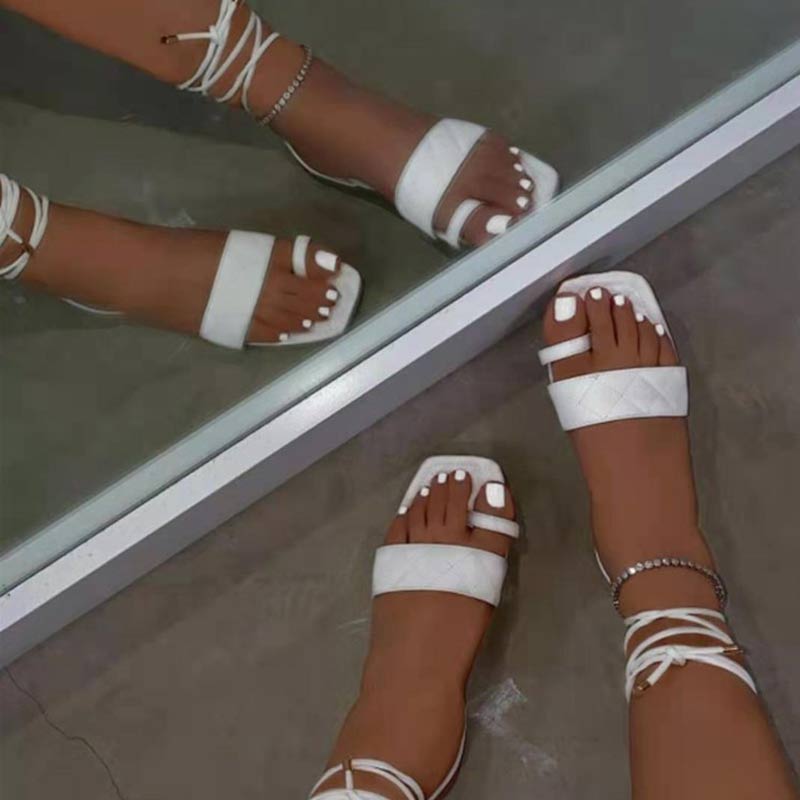 Solid Square Toe Bandage Flat Sandals