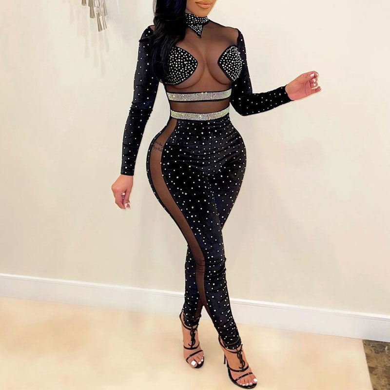 Rhinestone Long Sleeve Sheer Mesh Patchwork Jumpsuit